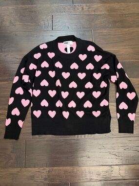 Beach Riot Black Crewneck Sweater with Pink Heart Motif. NWOT